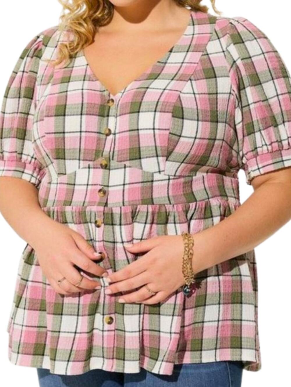 Torrid Pink & Gray Plaid Babydoll Gauze Button-Up Top – Torrid Size 0 - L